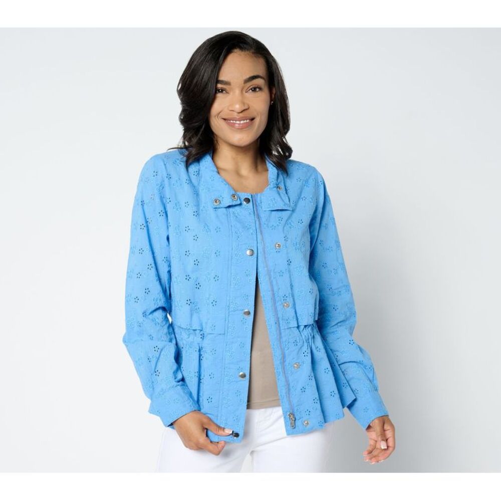 Dennis Basso Women's Jacket Sz S Cotton Eyelet Anorak Metallic Denim A650071
